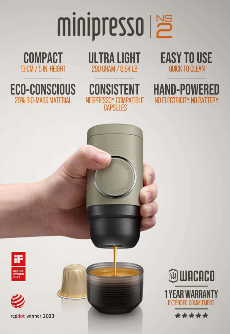 WACACO Minipresso NS2, Portable Espresso Maker, Compatible NS Capsules*,  Manually Operated, 18 Bar Small Handheld